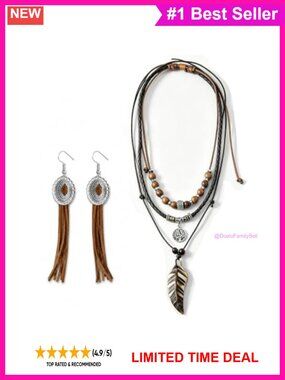 Boho Layered Beaded Necklace & Leather Tassel Earrings Jewelry Set